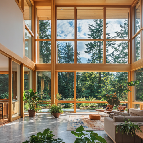 A modern house with large windows and open spaces