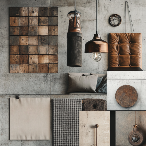 A modern industrial style moodboard with various elements