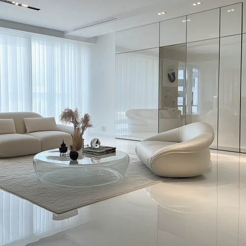 A modern living room with white and metal