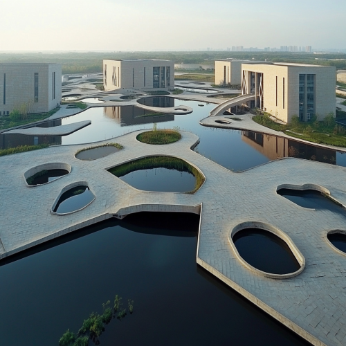 A modern ministerial complex with buildings of varying heights