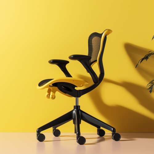 A modern office chair on wooden floor.