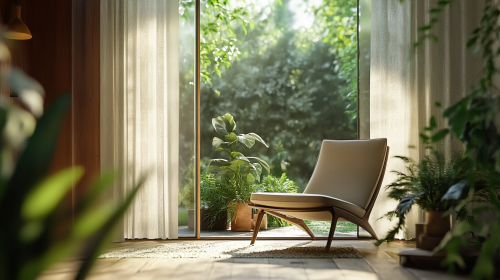 A modern room with garden balcony door opening