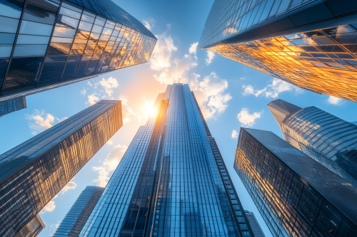 A modern skyscraper in a bustling cityscape