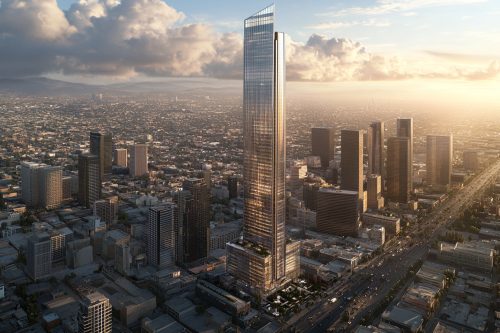 A modern skyscraper in bustling city setting