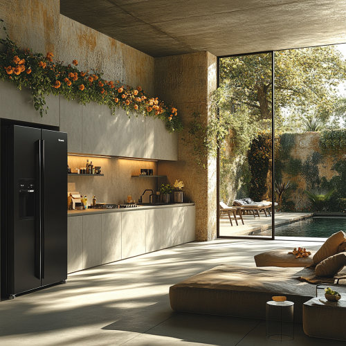 A modern white kitchen with black appliances