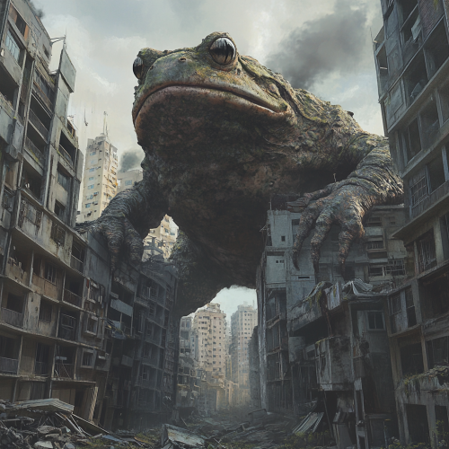 A monstrous frog destroying city with roaring mouth