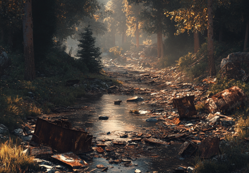 A muddy riverbed in forest filled with metal scraps.