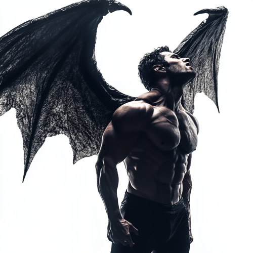 A muscular demon with large wings reaching upwards. A muscular demon with large wings reaching upwards.