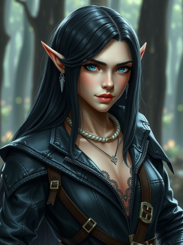 A mysterious female elf rogue in black armor