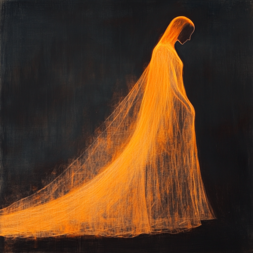A mysterious figure in glowing orange gown peacefully watches A mysterious figure in glowing orange gown peacefully watches