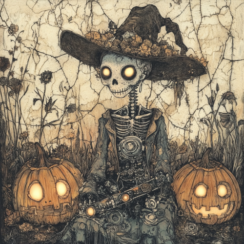 A mysterious mechanical doll under eerie moonlight