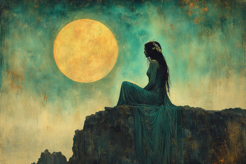 A mysterious woman in heavenly eclipse overlooking landscape