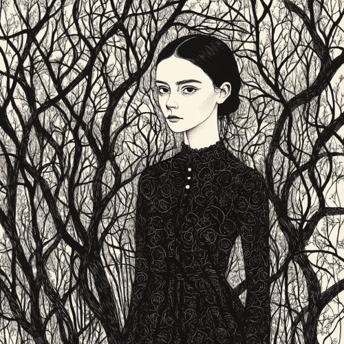A mysterious young woman in a surreal forest.