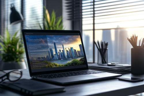 A neat desk with laptop showing property pictures
