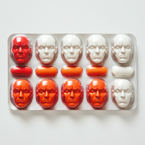 A pack of pills with human faces showing emotions.