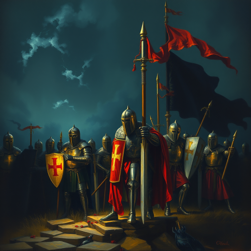 A painted picture of the Knights Templar at night.