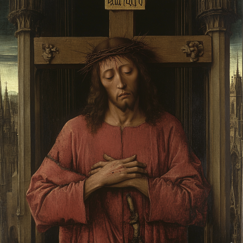 A painting of Jesus with extra arms on cross