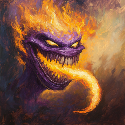 A painting of a smiling fiery purple demon
