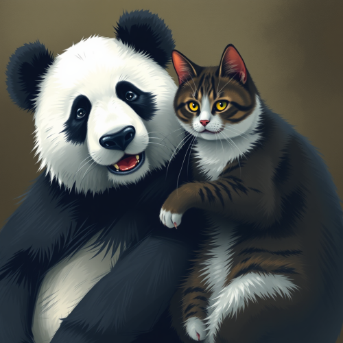 A panda and cat are cuddling together peacefully.