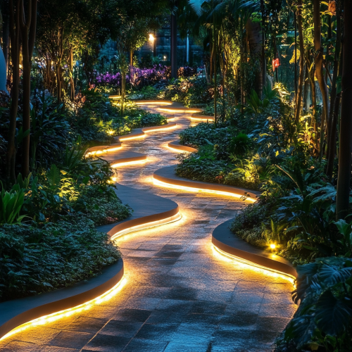 A pathway with wavy garden plants and lights