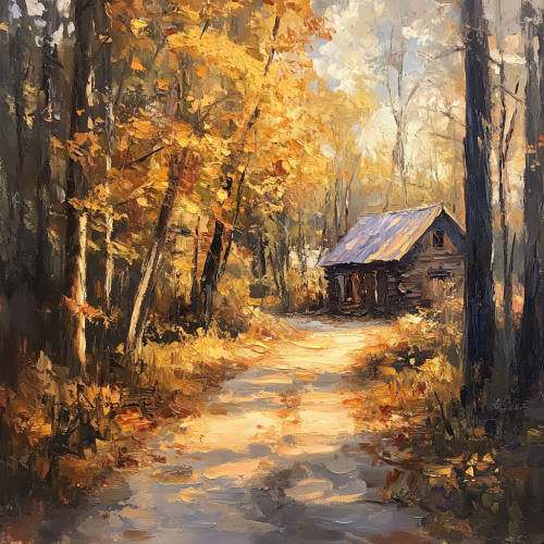 A peaceful autumn forest path with cozy cabin