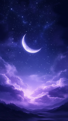 A peaceful night sky with stars and crescent moon