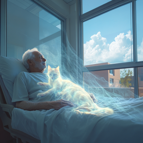 A peaceful old man and ghost cat in bed