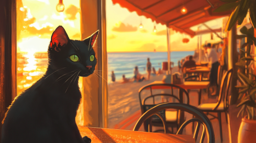 A peaceful sunset beachside café with Alto the cat.