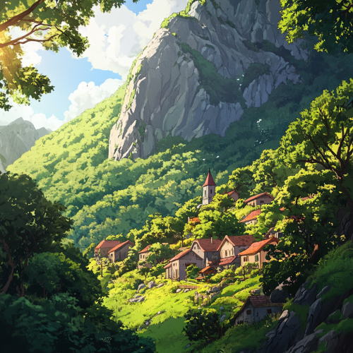 A peaceful village at the foot of a mountain