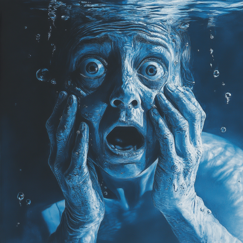 A person floating underwater, eyes wide open in fear