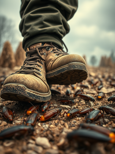 A person in war shoes crushes cockroaches