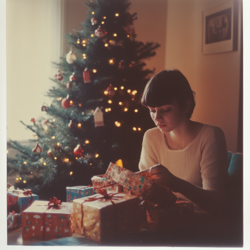 A person opening gifts at Christmas in 80s