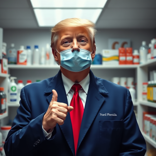 A pharmacist named Trump dispensing medicine.