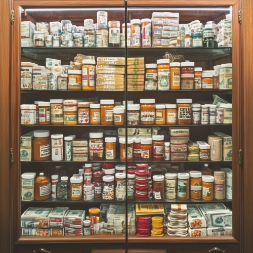 A pharmacy cabinet filled with money and medicine A pharmacy cabinet filled with money and medicine