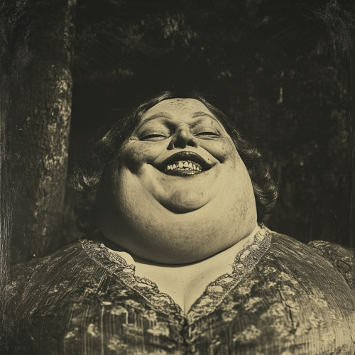 A photo of a big woman smiling in forest