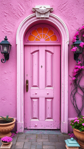 A pink fantasy door in a magical world.