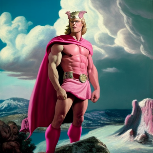 A pink leather-clad God Thor in surreal landscape.