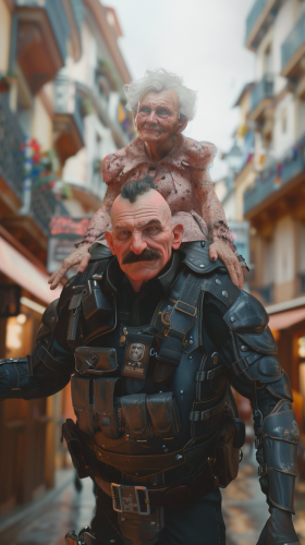 A police officer carrying a happy grandma.