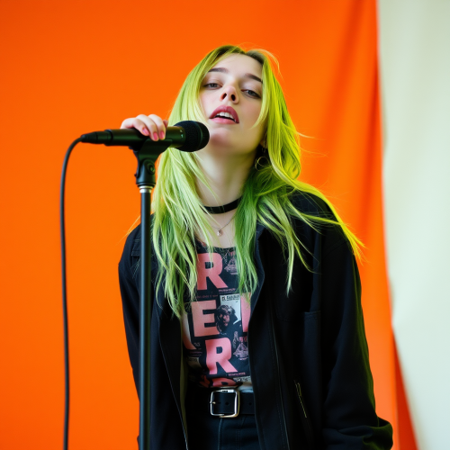 A portrait of Billie Eilish with green hair.