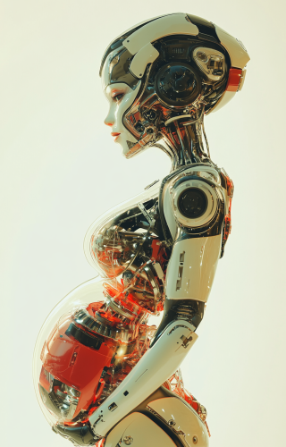 A pregnant robot with transparent belly showing fetus