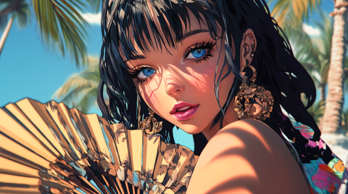 A pretty girl with blue eyes and fan in anime style. A pretty girl with blue eyes and fan in anime style.