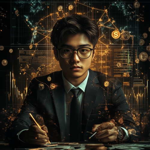 A professional coder in stylish office with money symbols A professional coder in stylish office with money symbols