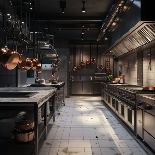 A professional hotel kitchen with stainless steel appliances