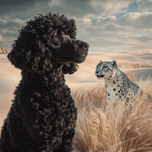 A professional photo of a poodle and a leopard.