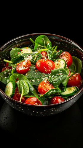 A professional salad bowl: tomatoes, cucumbers, spinach, parmesan