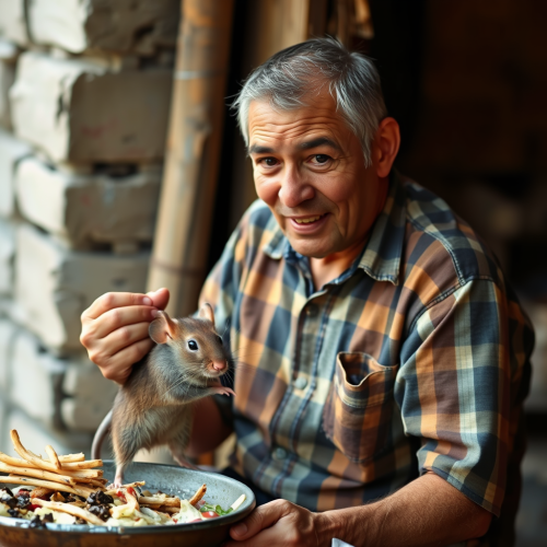 A rat is eating a man's food.