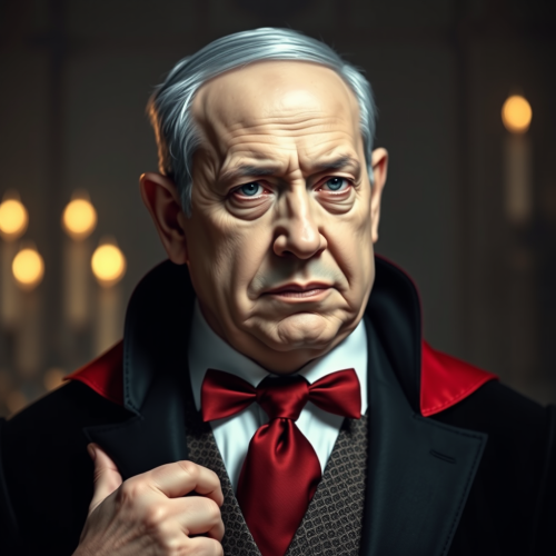 A realistic Benjamin Netanyahu dressed as Dracula.