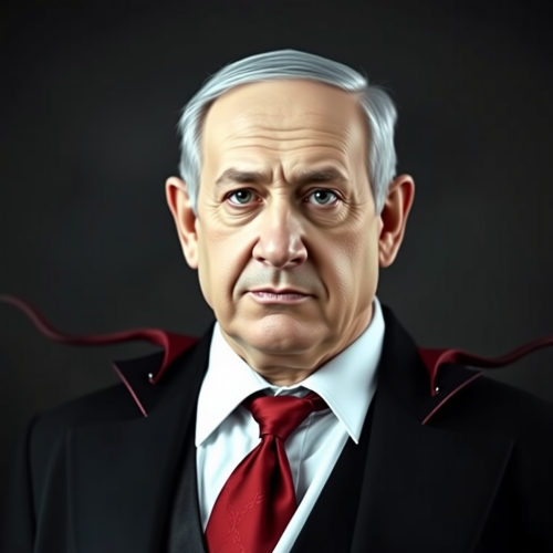 A realistic Benjamin Netanyahu in Dracula costume.