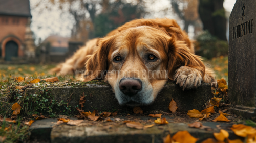A realistic close-up image shows a sad dog