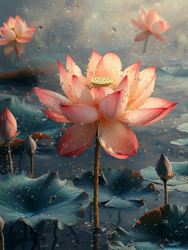 A realistic lotus flower on water with details